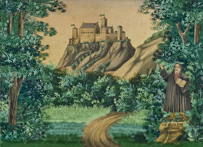 Farbige Zeichnung einer Landschaft, im Hintergrund eine Burg, rechts ein Mensch.
