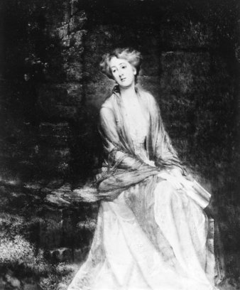 Schwarz-Weiss-Reproduktion eines Gemäldes, auf dem eine Dame im langen Kleid abgebildet ist.