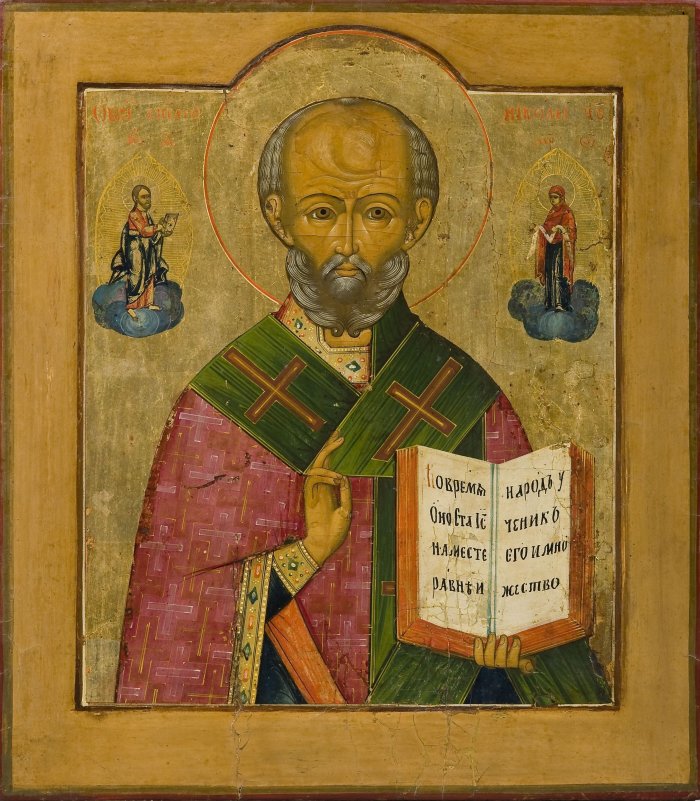 Heiliger Nikolaus der Wundertäter. Palech (Russland), 19. Jahrhundert. Eitempera/Holz, zwei Sponki. Höhe: 35,4 cm; Breite: 31,2 cm; Tiefe: 2,5 cm Farbige Ikone.