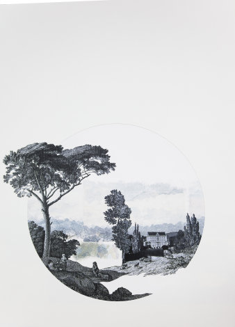 Collage mit einem Baum und Landschaft in einem runden Ausschnitt