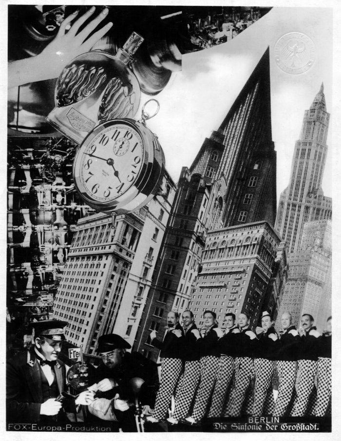 Aushangfoto zu „Berlin. Die Symphonie der Großstadt” (1927) Schwarz-Weiß-Collage.