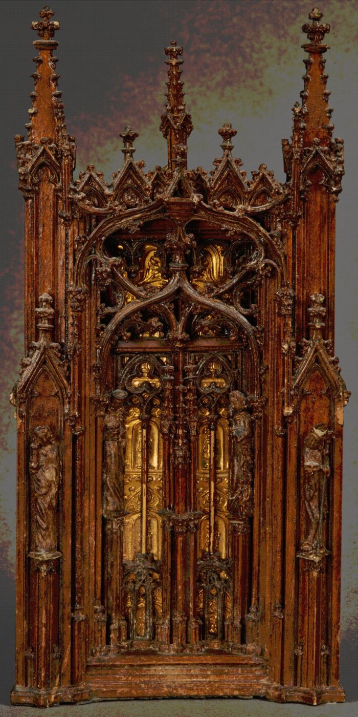 Farbig gefasster Altar mit verschiedenen Heiligendarstellungen.