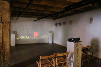 Auf einer Leinwand werden Bilder gezeigt, davor stehen Stühle und der Projektor