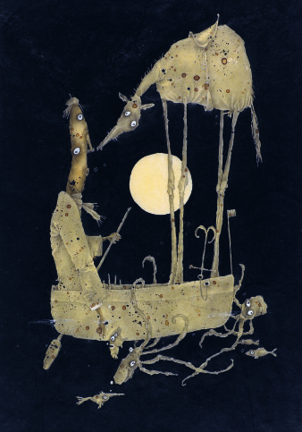 Illustration einer Person auf einem Boot, die von verschiedenen kleinen Tieren begleitet wird