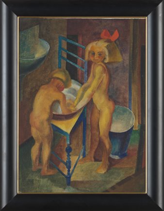 Gemälde mit zwei Personen an einer Waschschüssel, die auf einem Stuhl steht 