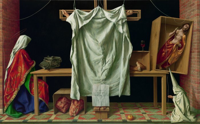 Michael Triegel: Deus absconditus, 2013 Gemälde, hinter einem Tuch ist die Figur des Gekreuzigten zu erahnen