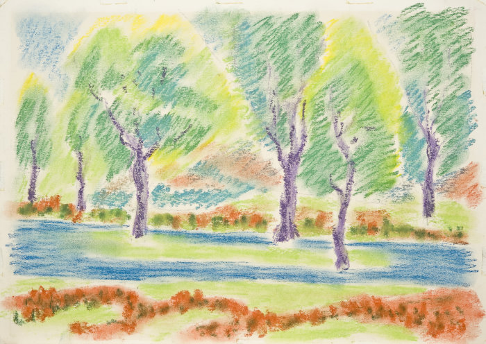 Gemälde mit einem Fluß und Bäumen im Hintergrund