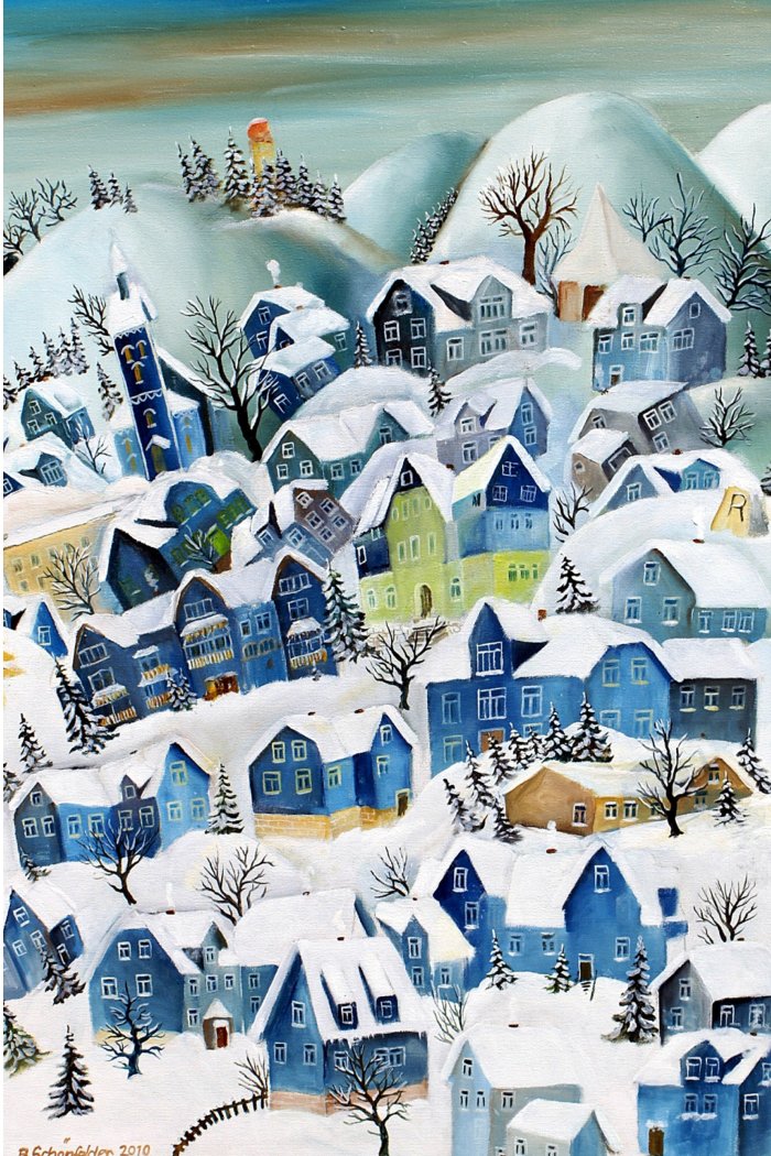 Farbiges Gemälde mit vielen schneebedeckten Häusern, Bäumen und Hügeln