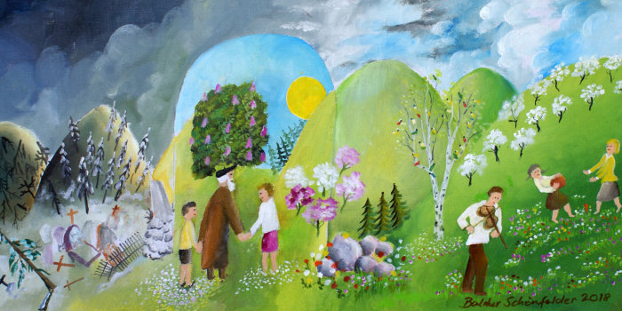 Malerische Darstellung einer grünen Wiese mit spielenden Kindern, musizierender Mann und älterer Opa mit Kindern