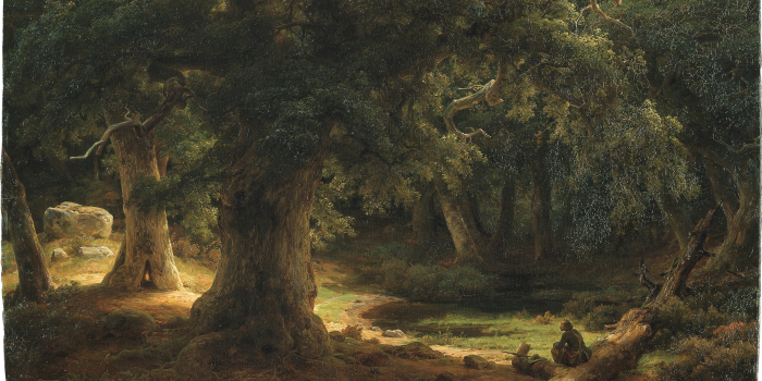 Ölgemälde eines Waldes mit einem auf einem umgefallenen Baumstamm sitzenden Menschen