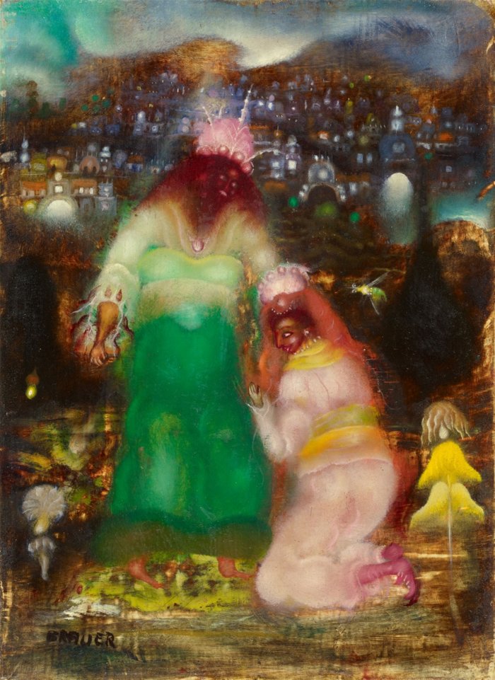 Arik Brauer: Salomon und die Königin von Saba, 1961 Farbiges Ölgemälde