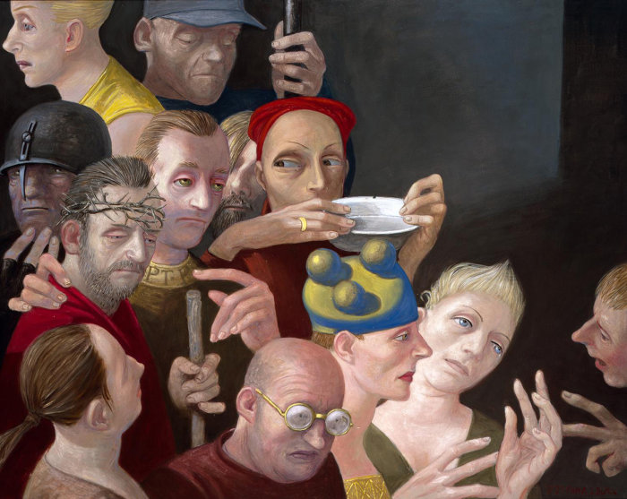 Volker Stelzmann, Ecce Homo II, 2011, Mischtechnik auf Nessel auf MDF, 80 x 100 cm 11 Menschen im Verbund.