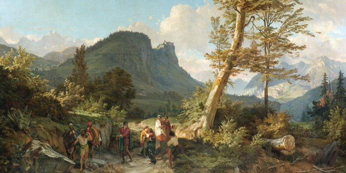 Gemaltes altes Gebäude mit einer Landschaft und Bergen im Hintergrund. Vorn eine Gruppe von Menschen. 