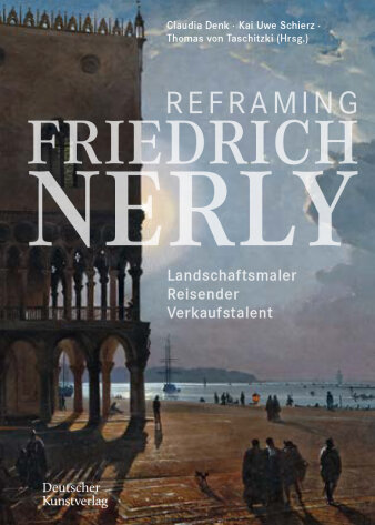 Gemälde einer Nachtszene mit Gebäude und Meer. Auf dem Bild weiße Schrift Reframing Friedrich Nerly.