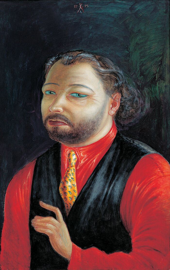 Gemaltes Portrait eines Mannes mit rotem Hemd, gelber Krawatte und schwarzer Weste