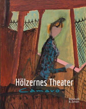 Bild einer abstrakten Figur die sich über einen Balkon lehnt, im Vordergrund weiße Schrift "Hölzernes Theater"