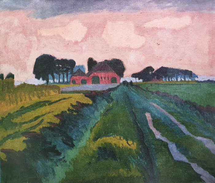 Gemälde eines grünes Feldes mit einem Haus mit Bäumen im Hintergrund