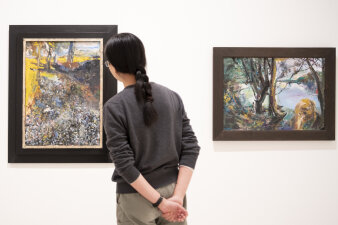 Raum mit Gemälden an den Wänden hängend, im Vordergrund eine Besucherin