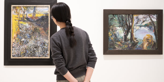 Raum mit Gemälden an den Wänden hängend, im Vordergrund eine Besucherin
