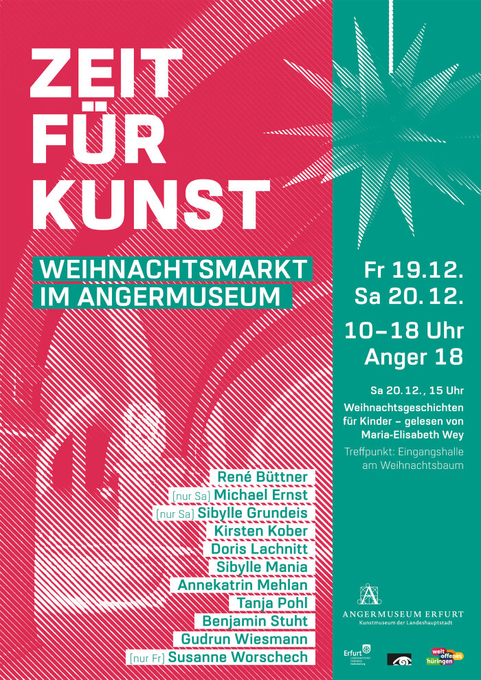 Eine grün-rote Grafik mit Schirft und Weihnachtsstern