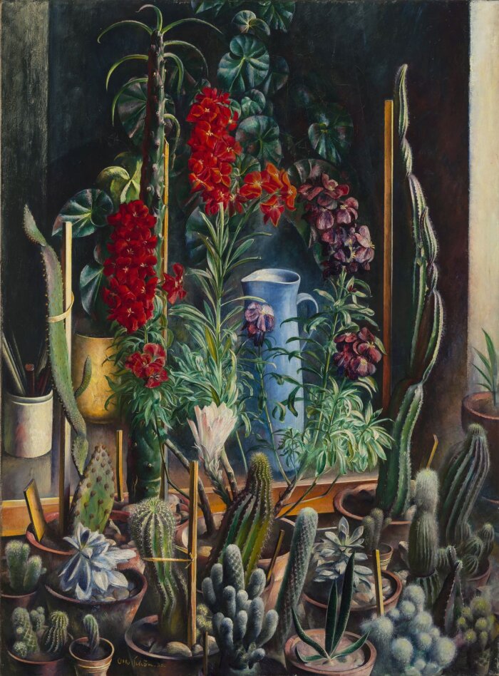 Otto Schön, Goldlack mit Kakteen (Ausschnitt) 1930, Öl/Leinwand, Dauerleihgabe der Ernst von Siemens Kunststiftung Ein Gemälde mit Kakteen und verschiedenen Blumen hintereinander stehend