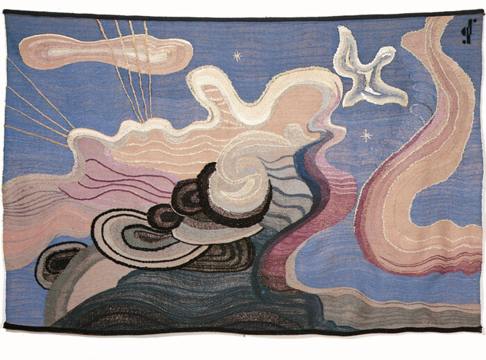 Ein abstrakt gewebter Teppich mit organischen Formen in Pastellfarben