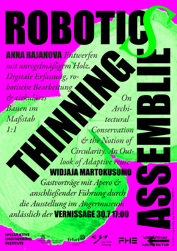 Pink grünes Plakat mit schwarzer Aufschrift „Robotics Thinnings Assemblies“