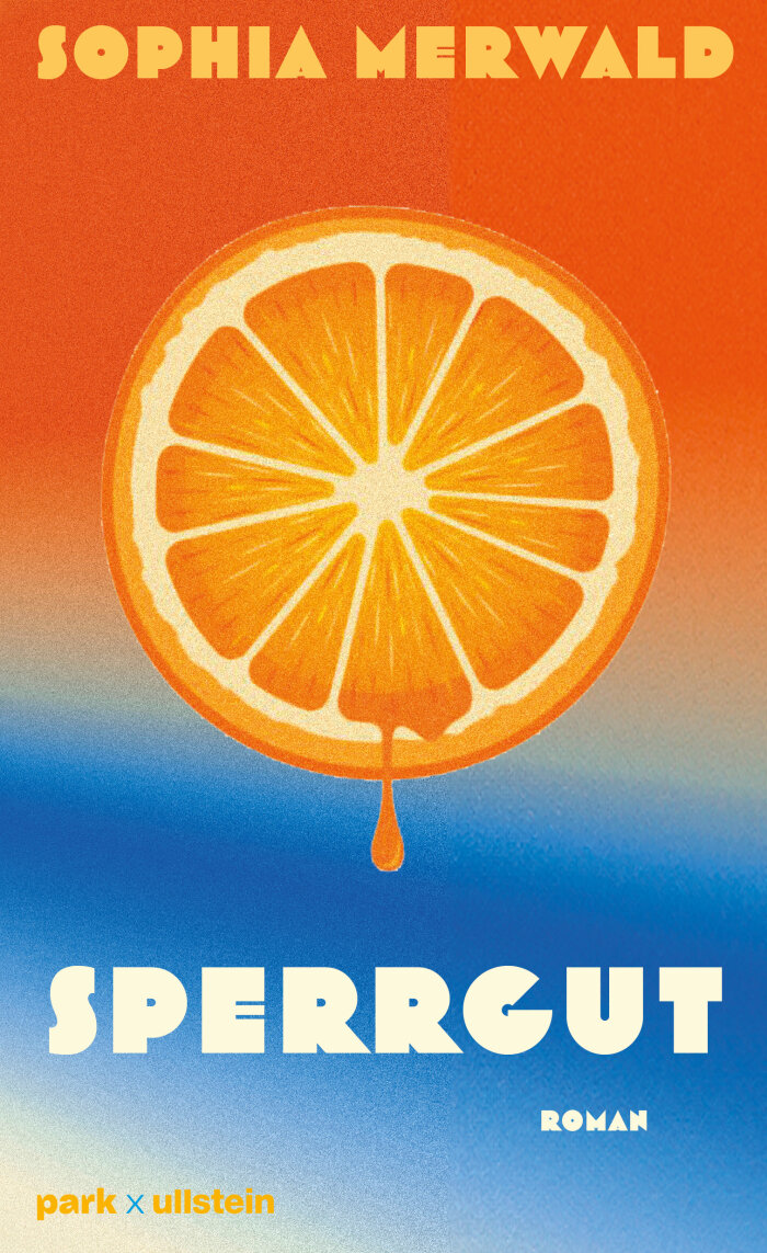 Illustration einer Orange auf orange-blauen Hintergrund darunter Schriftzug Sperrgut