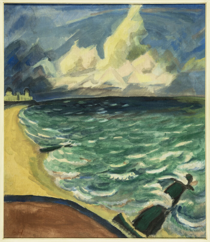 Ein abstraktes Gemälde mit Himmel und Wasser in verschiedenen Blautönen