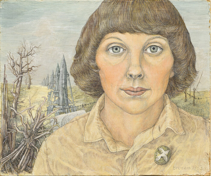 Gemälde einer Person mit mittellangen braunen Haaren, in einer beigen Bluse vor einer Landschaft