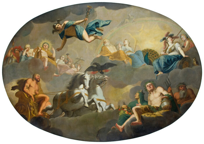 Ein Gemälde mit Wolken, einem Pferdegespann und verschiedenen Personen