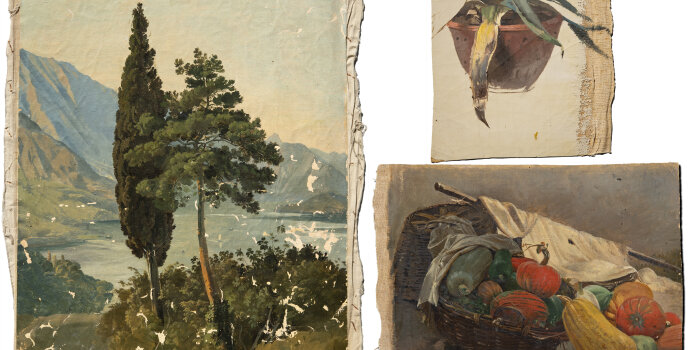 Links Gemälde mit Bäumen vor einem See, rechts ein Gemälde einer Topfpflanze, darunter ein Gemälde eines Obstkorbs