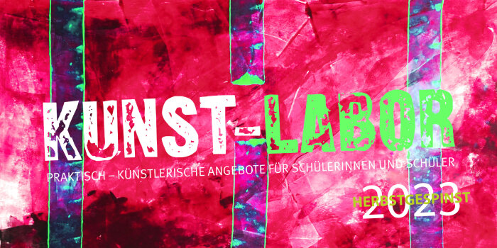 Flyer Kunst-Labor 2023 Ein greller pinker Hintergrund mit Schrift Kunst-Labor 2023 im Vordergrund