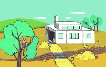 Farbige Zeichnung mit einem weißen Haus 