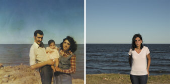 Links eine Fotografie einer Familie mit Kind vor dem Meer, rechts Fotografie einer jungen Frau vor dem Meer