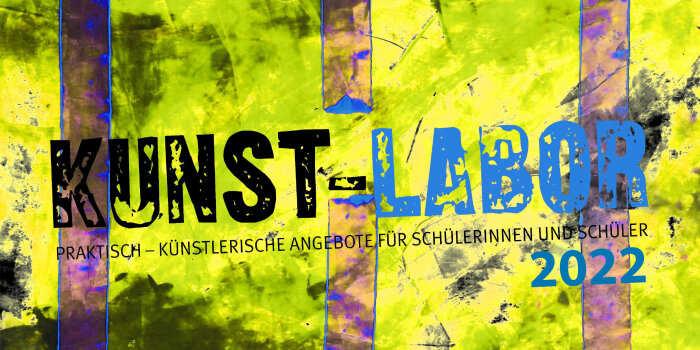 Blau gelber Hintergrund mit Schriftzug Kunst-Labor im Vordergrund