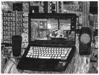 Foto: Laptop 2010 Holzschnitt 44 x 59 cm © Gabriela Jolowicz Kunstmotiv in Schwarz-Weiß, dass einen Computer mit typischer Schreibtischumgebung zeigt