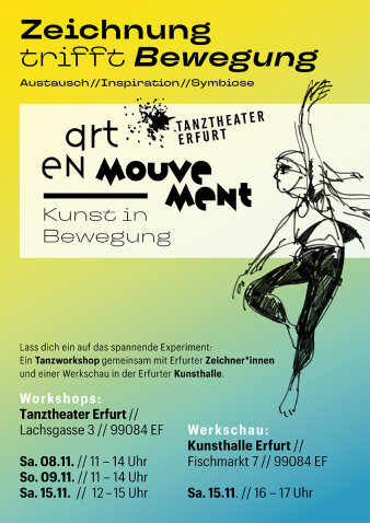 Ein Plakat mit Schrift, gelb-blauen Verlauf im Hintergrund und einer schwarz-weiß gezeichneten Figur im Vordergrund