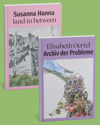 Zwei Buchtitel mit Schrift und Fotos vor grünem Hintergrund