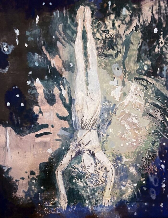 Gemälde eines auf dem Kopf stehenden weiblichen Körpers