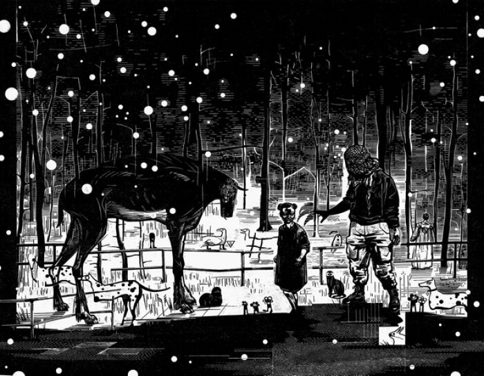 Ein Bild in Schwarz Weiß mit zwei Personen und einem großen Tier in einem Wald