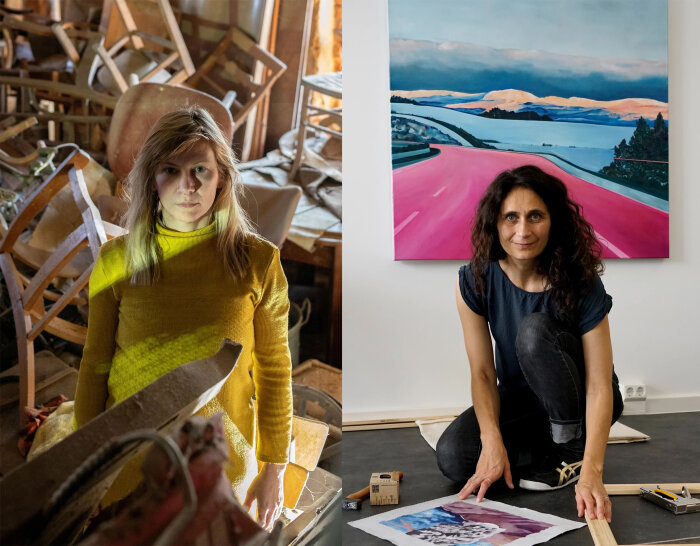 Ein zweigeteiltes Bild mit zwei Frauen die vor farbigen Hintergründen stehen bzw. sitzen.