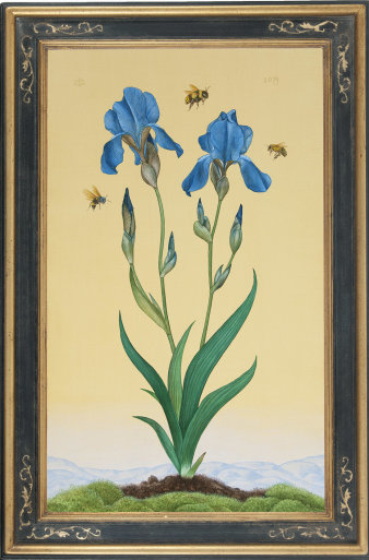 Gemälde einer Blume, um die Bienen fliegen