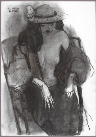 Aktzeichnung einer Dame mit Hut und Mantel