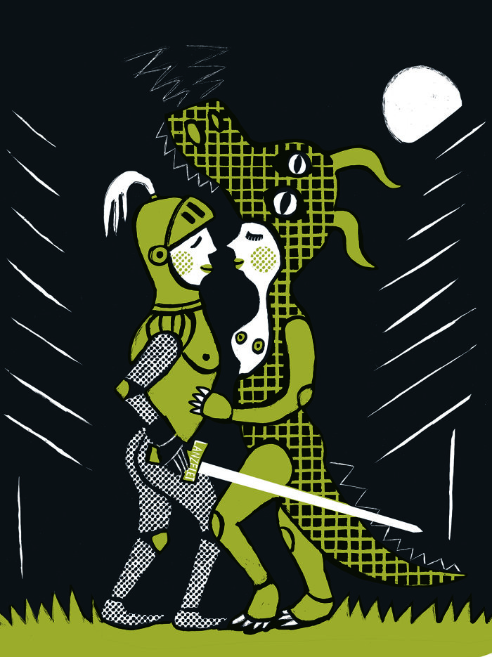 Ritter aus dem PinUp Kalender 2006–2019 Grafik eines Ritters und einer als Drache verkleideten Frau, die sich fast küssen.
