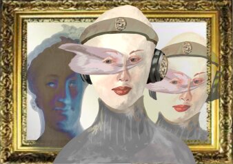 Digitales Gemälde von drei Personen hintereinander gelagert und mit goldenem Rahmen