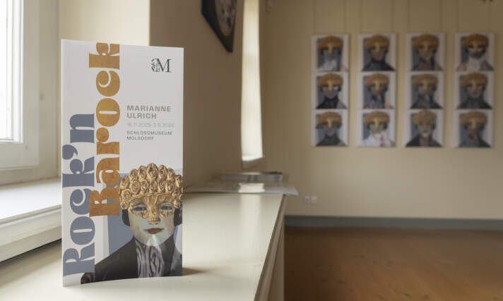 Ein Raum mit Bildern an der Wand, im Vordergrund ein Flyer stehend 