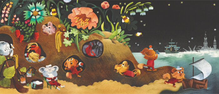 verschiedene kleine bunte Gestalten in verschiedenen Aktionen an einem Ufer