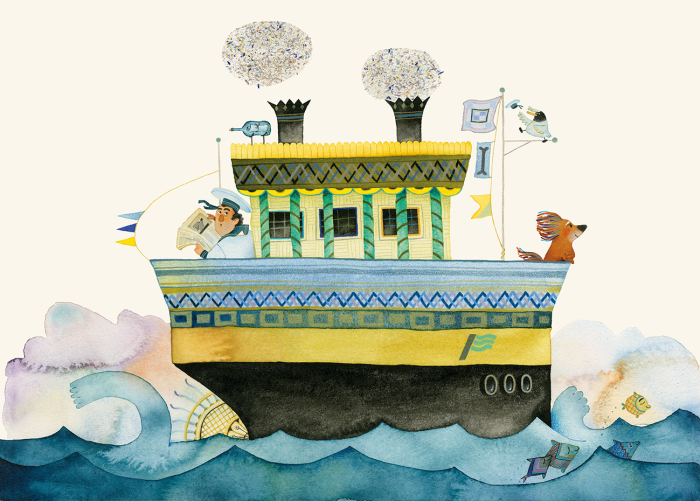Bunte Illustration von einem Schiff auf dem Wasser mit Kapitän und Hund an Board