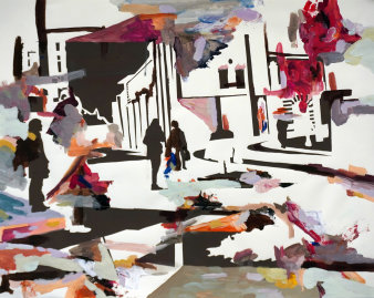 Abstraktes Gemälde mit Menschen und Farbflecken